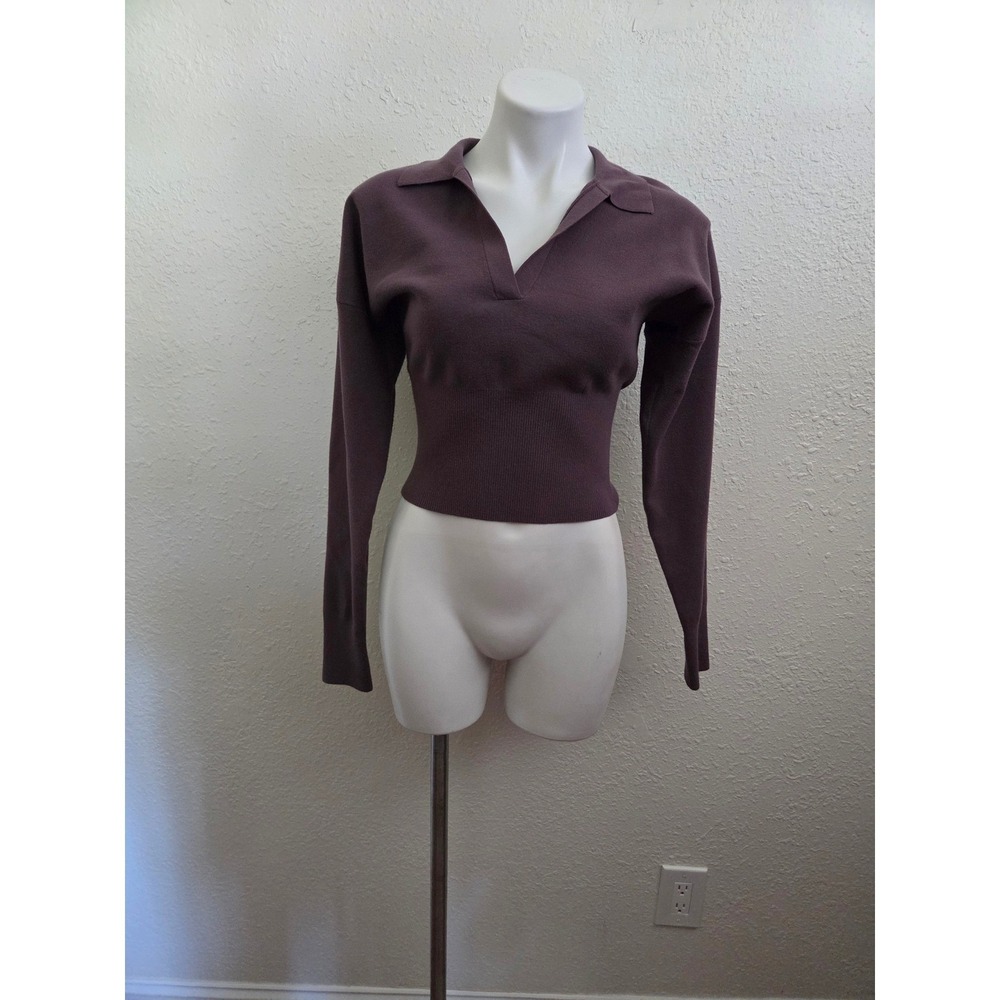 Wilfred Aritzia Womens Ribbed Waist Knit Polo Sweater Purple Long Sleeve Size M‎